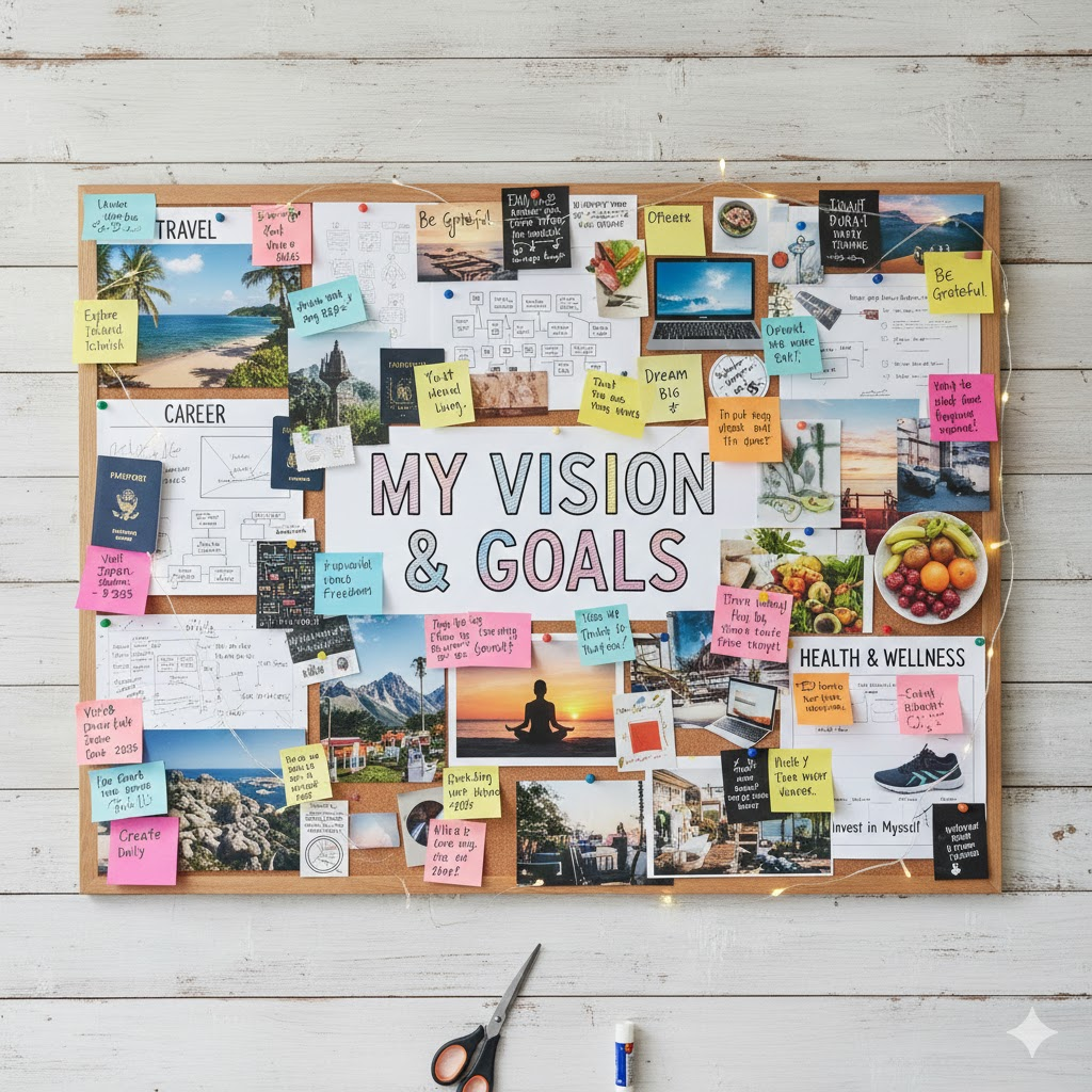 Vision board with goals and motivational notes for self-awareness and goal setting