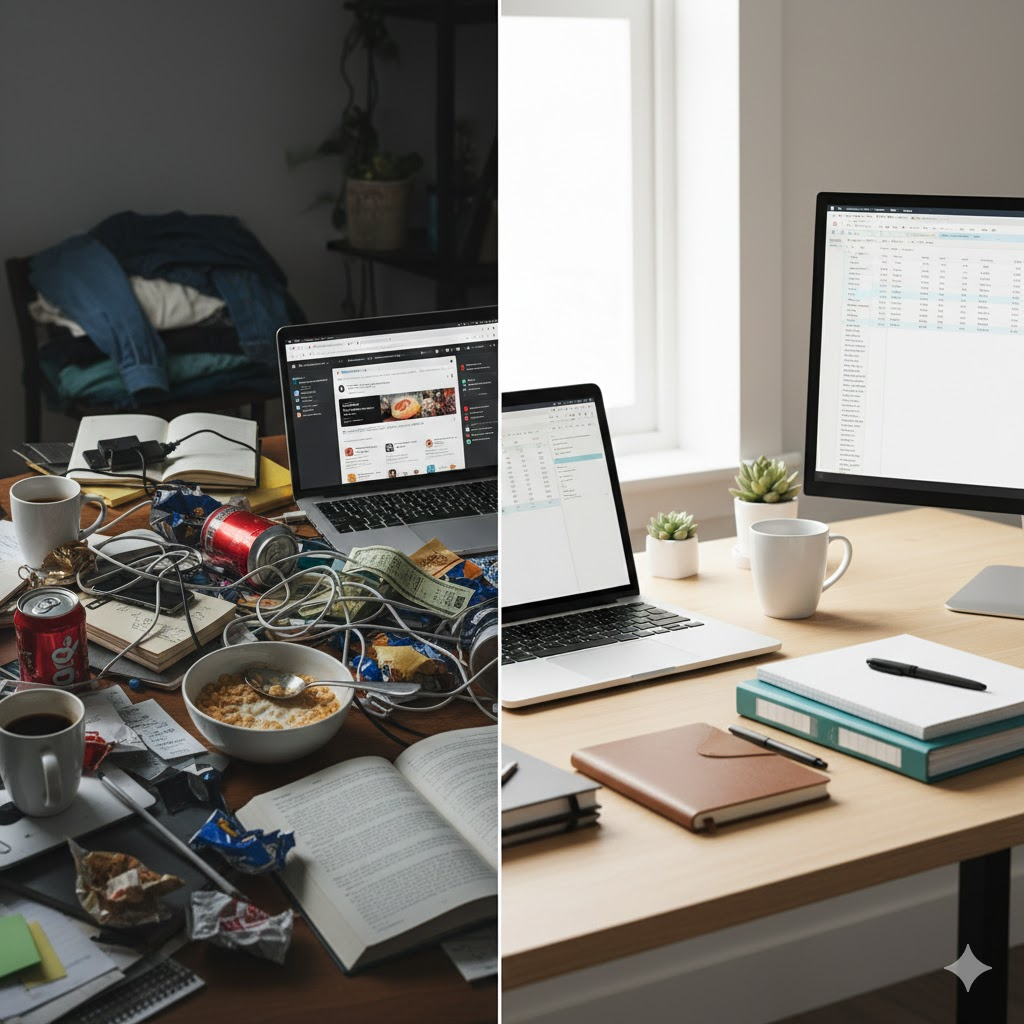 Messy desk versus organized desk, illustrating common mistakes in time management and discipline