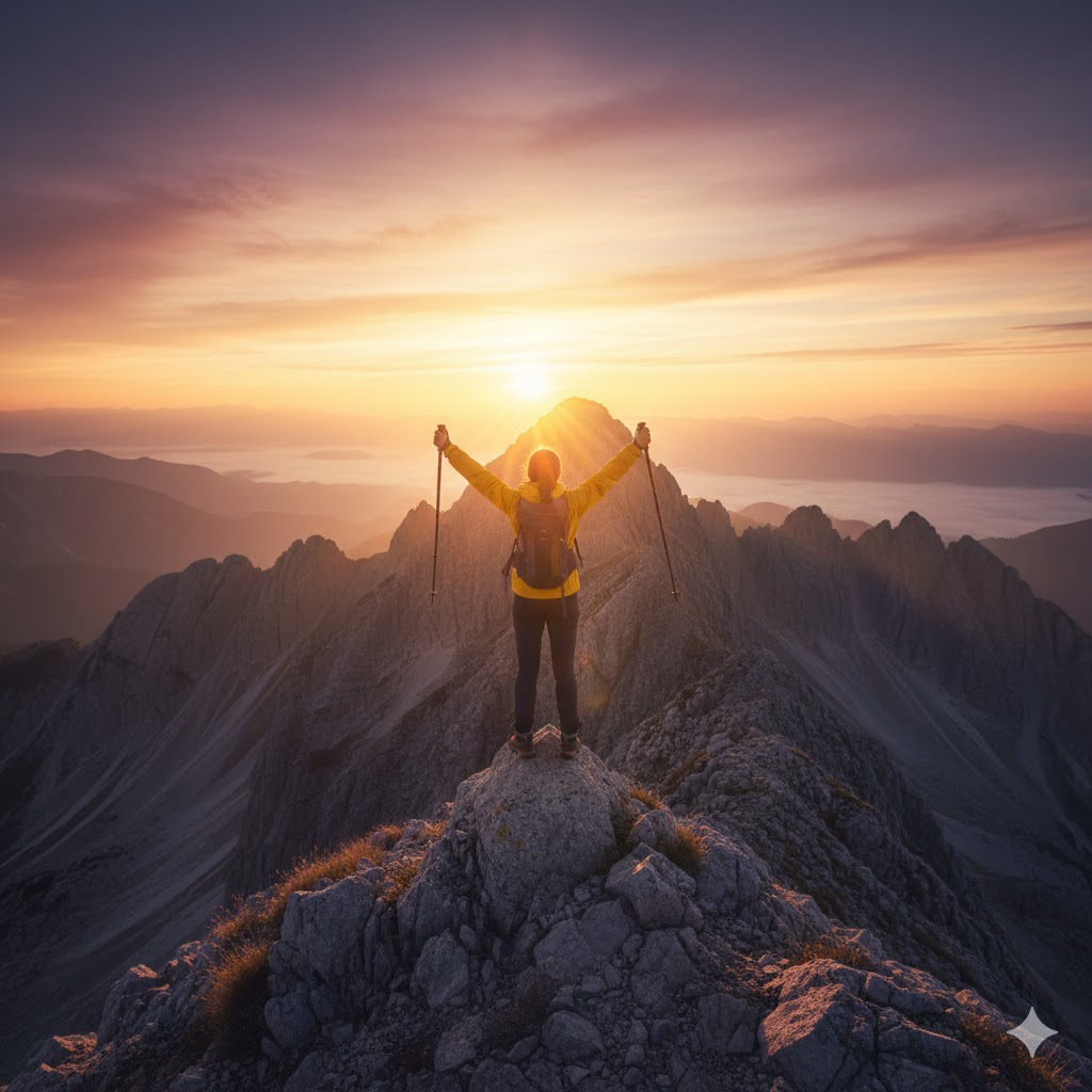 Person climbing a mountain at sunrise, symbolizing achievement, focus, and disciplined lifestyle