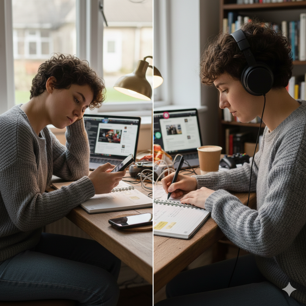 Comparison of procrastination and focused work, highlighting self-control and productivity