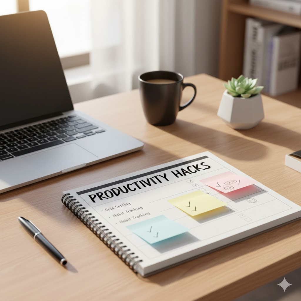 Desk with checklist, sticky notes, and laptop for goal setting and habit tracking