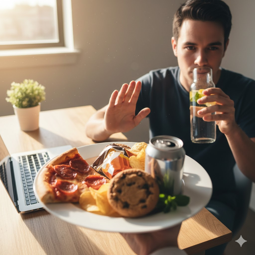 Person practicing self-control by choosing healthy habits over junk food