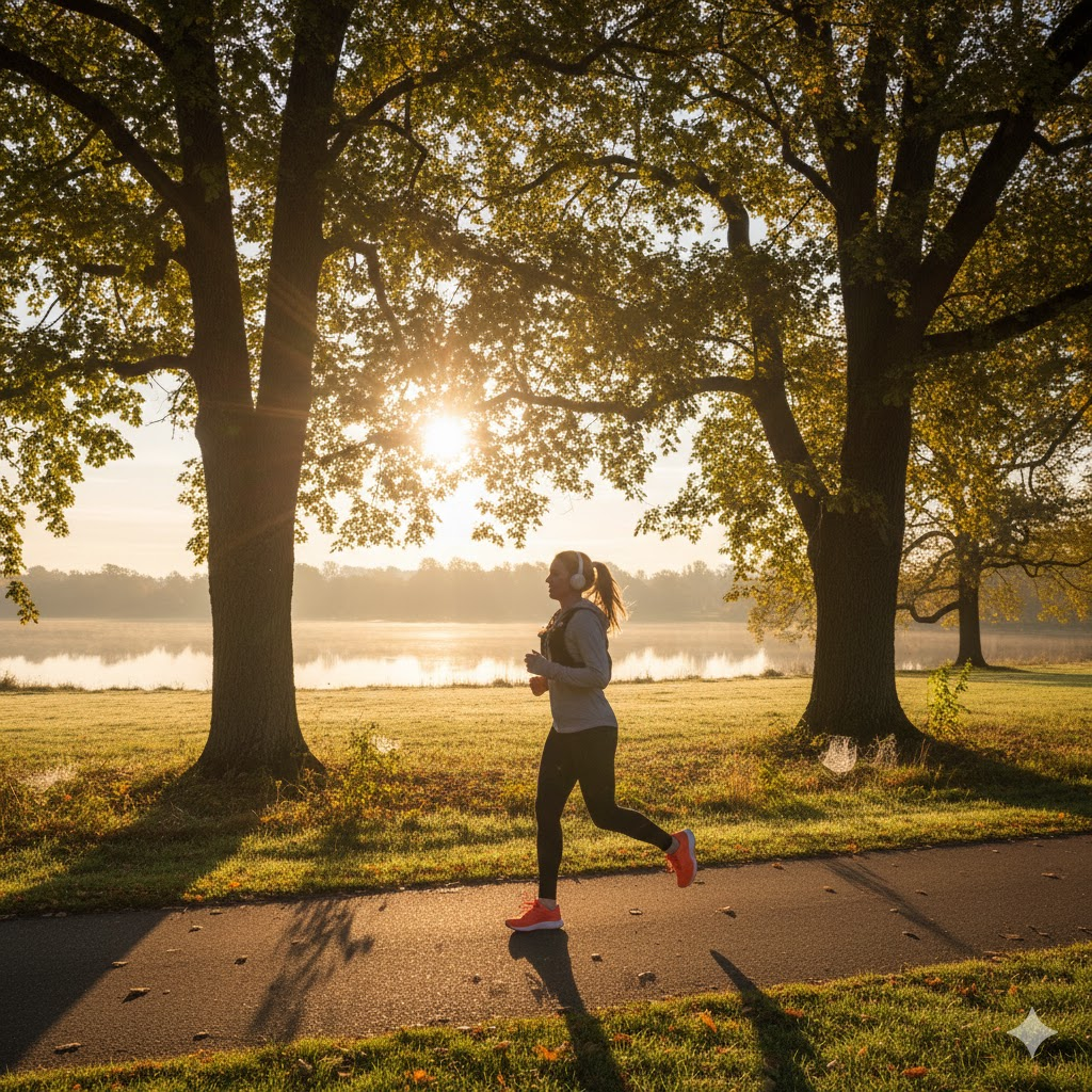 Person jogging in a park at sunrise, demonstrating discipline and healthy routine