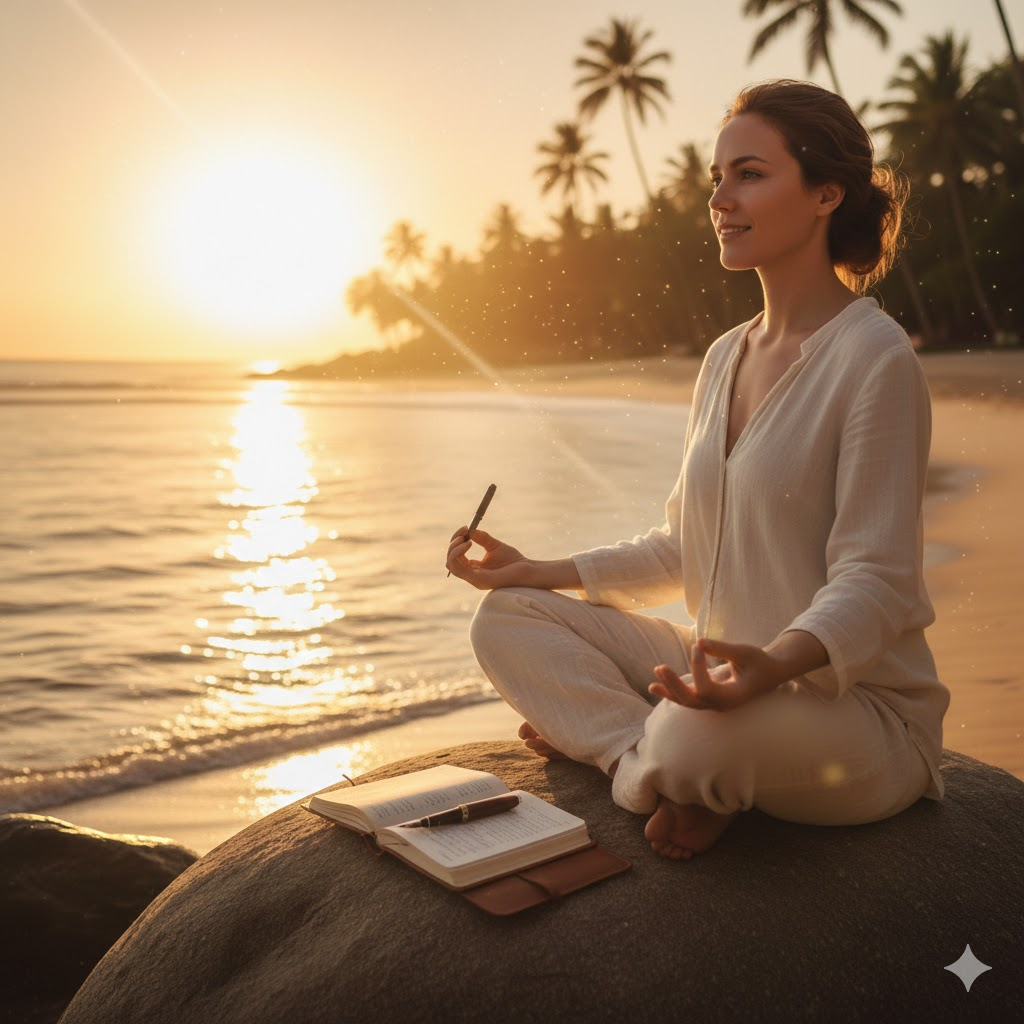 Person meditating with journal, practicing mindfulness and emotional resilience